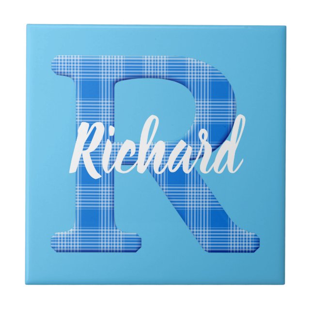 Boys Name Custom Plaid Letter R Tile (Front)