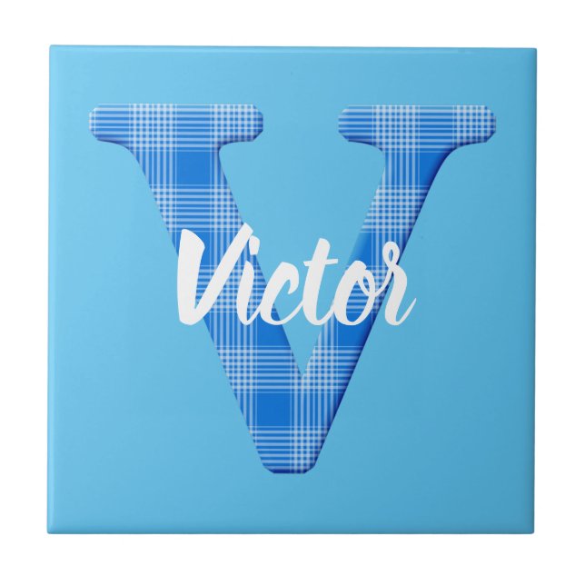 Boys Name Custom Plaid Letter V Tile (Front)