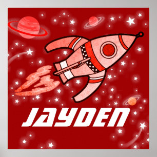 Boys name rocket space black red poster