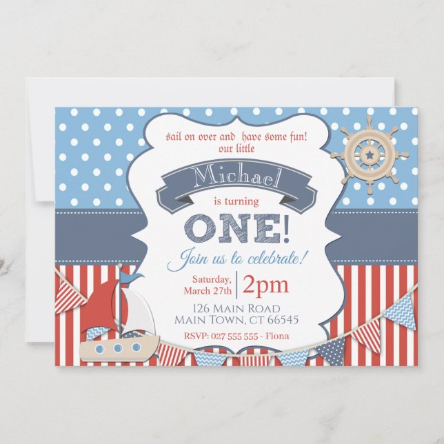 Boys Nautical Sailor Ship 1st Birthday Invitation (Front)