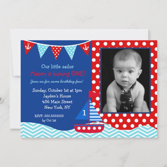 Boys Nautical Voilier 1er Anniversaire Invitation (Devant)