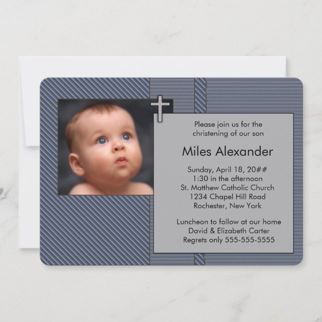 Boys Navy Blue and Grey Photo Christening Invitation (Front)
