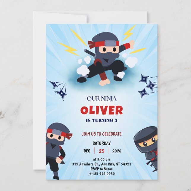Boys Ninja Warrior 3 Birthday Party Invitations  (Front)