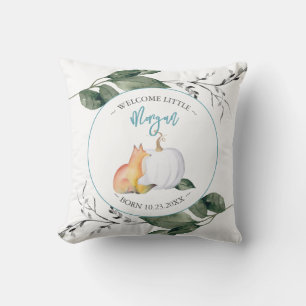 Boys Nursery Decor Fall Fox & Pumpkin Blue Throw Pillow