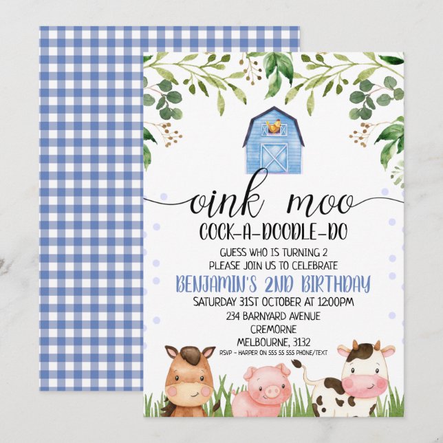 Boys Oink Moo Animaux de ferme Invitation d'annive (Devant / Derrière)