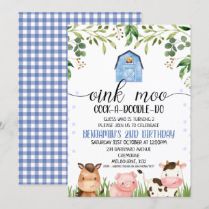 Boys Oink Moo Animaux de ferme Invitation d'annive