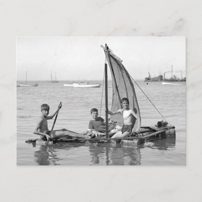 Boys on a makeshift raft. Vintage photograph Postcard (Front)