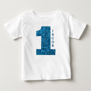 Boys One First Birthday Blue Glitter Baby T-Shirt