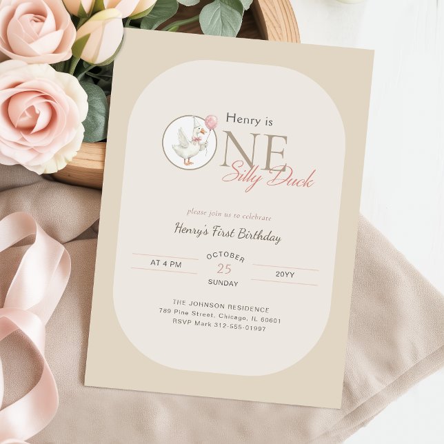 Boys One Silly Duck Pink Bow First Birthday Invitation (Creator Uploaded)