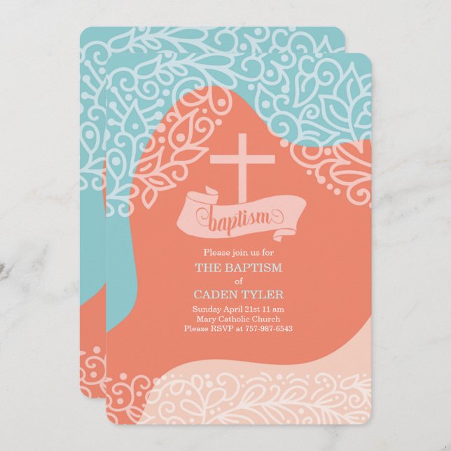 Boys Orange and Blue with Cross Baptism Invitation (Front/Back)