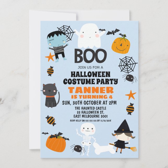 Boys Orange Blue Halloween Birthday Invitation (Front)