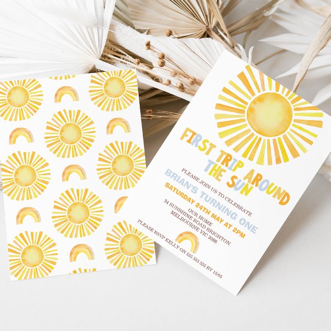 Boys Orange First Trip Around the Sun 1st Birthday Invitation (Boys First Trip Around The Sun 1st Birthday Invitation Template, Sun Rainbow First Birthday Invite)