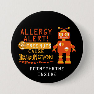 Boys Orange Robot Tree Nut Allergy Alert 3 Inch Round Button