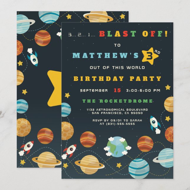 Boys Outer Space Rocket Birthday Party Invitation (Front/Back)