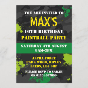 Boys Paintball themed birthday party invitation