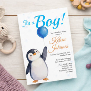 Boy's Penguin Blue Baloon Watercolor Baby Shower  Invitation