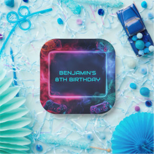 Boys Personalised Video Gaming Neon Birthday Party Paper Plate