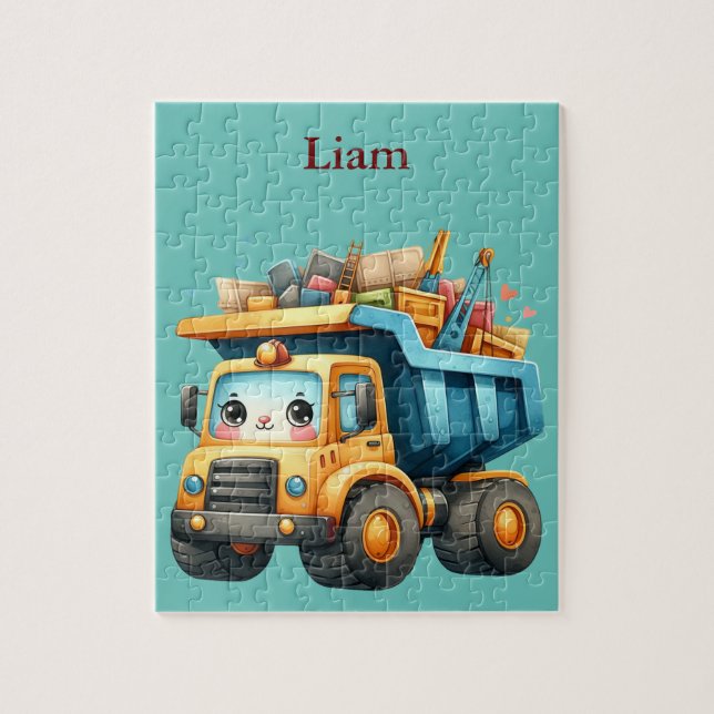 Boy's Personalized dump truck Jigsaw Puzzle (Vertical)