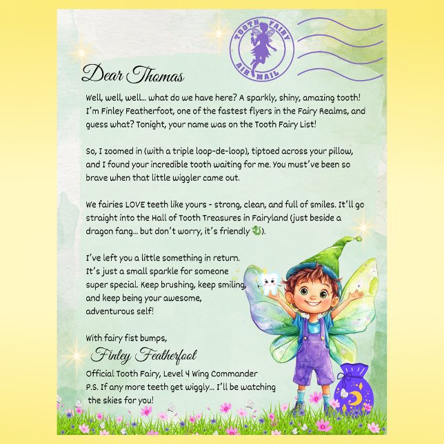 Boys Personalized Fairy Letter Magical Keepsake (Boys Tooth Fairy Letter – Personalized Tooth Fairy Note from Finley Featherfoot – Custom Printed)