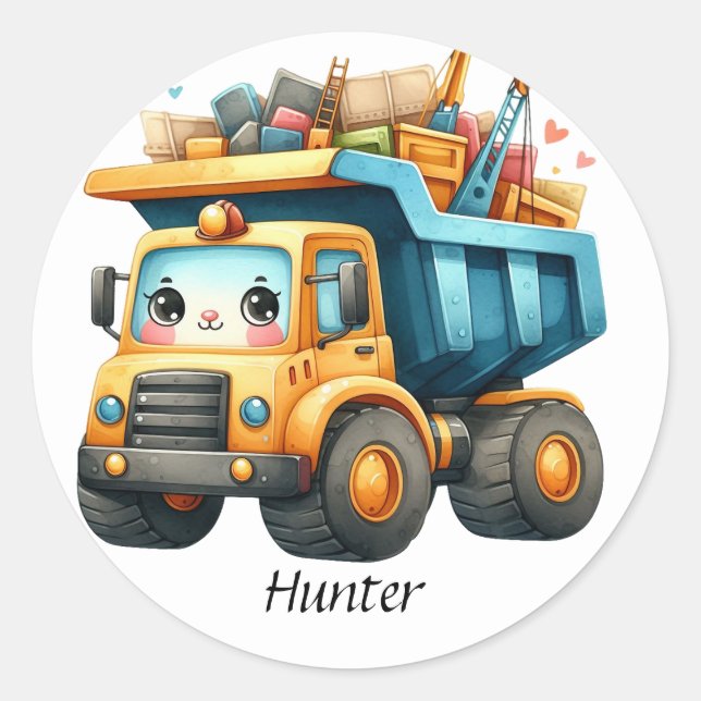Boys Personalized name Dump Truck Classic Round Sticker (Front)