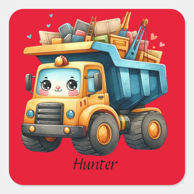 Boys Personalized name Dump Truck Square Sticker (Front)