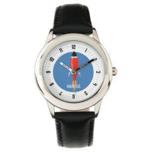Boy's Personalized Red Rocket Ship Black Band  Watch