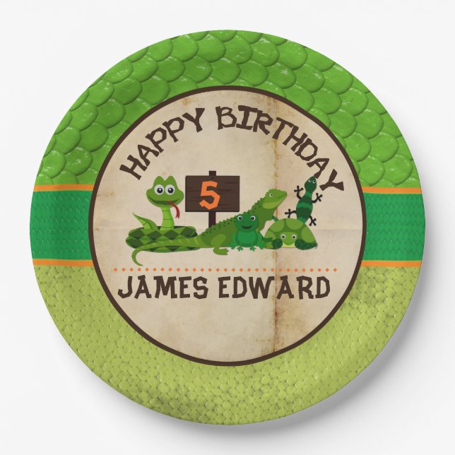 Boys Personalized Reptile Birthday Party Paper Plate (Front)