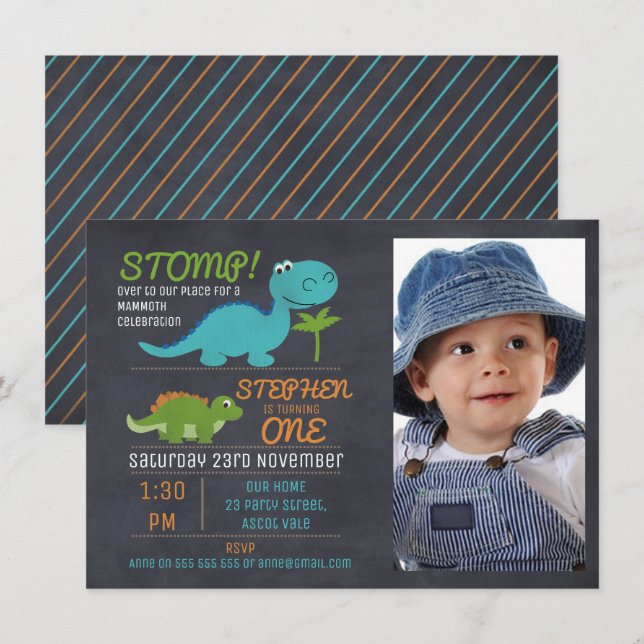 Boys Photo Chalkboard Dinosaur Birthday Invitation (Front/Back)