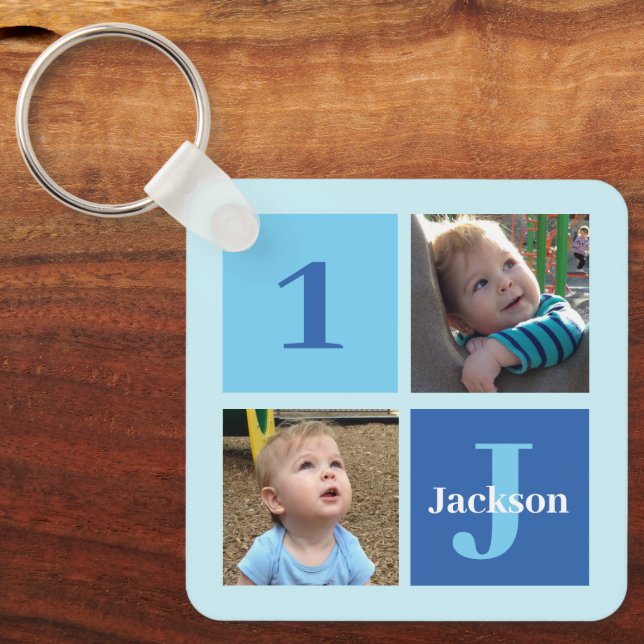 Boys Photo Collage Custom Blue Kids Photograph Keychain (Front)