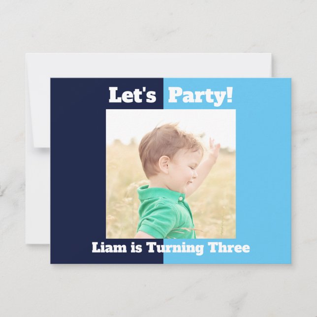 Boys Photo Kids Birthday Party Blue Colour Block Invitation (Front)