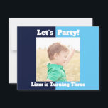 Boys Photo Kids Birthday Party Blue Colour Block Invitation<br><div class="desc">Order these cute personalized kids birthday invitations with customizable fields on the back of the card for your child's party location, date, and time. Insert your own child's photograph on top of the cool navy blue and baby blue colour blocks. Add their party information on the back of this chic...</div>
