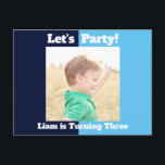 Boys Photo Kids Birthday Party Blue Colour Block Invitation Postcard<br><div class="desc">Order these cute personalized kids birthday invitations with customizable fields on the back of the postcard for your child's party location, date, and time. Insert your own child's photograph on top of the cool navy blue and baby blue colour blocks. Add their party information on the back of this custom...</div>