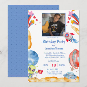  Boys Photo Outer Space Astronaut  Blue Red   Invitation