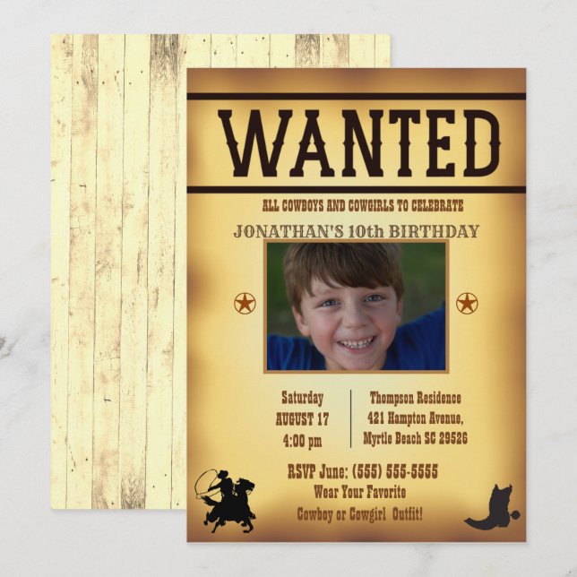 Boys Photo Rustic Brown Wanted Birthday      Invitation (Front/Back)