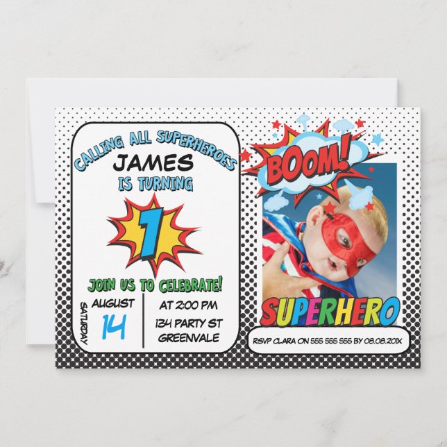 Boys Photo Superhero 1er anniversaire Invitation (Devant)