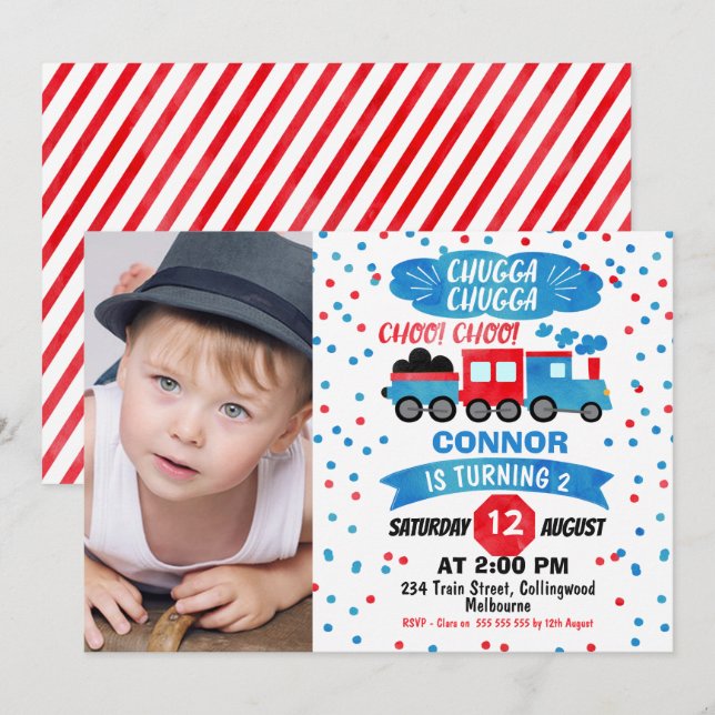 Boys Photo Watercolor Train Birthday Invitation (Front/Back)