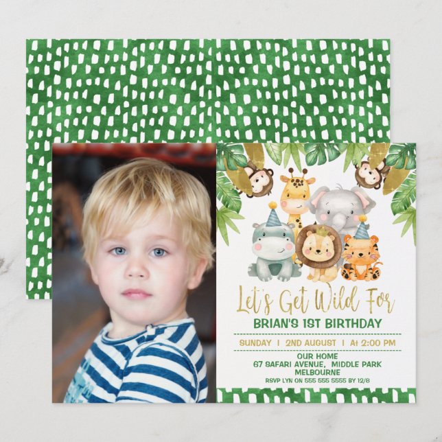 Boys Photo Wild One Safari 1st Birthday Invitation (Front/Back)