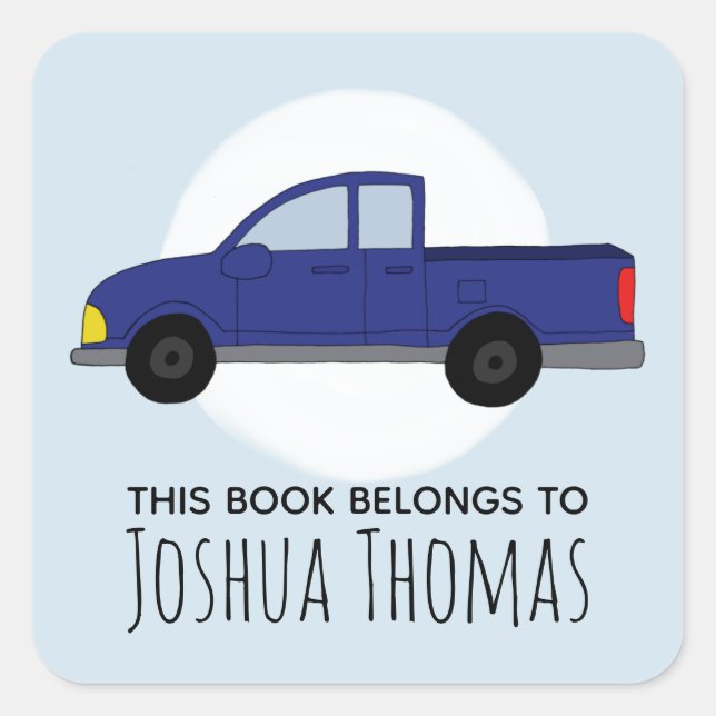 Boys Pickup Truck and Name Kids Bookplate Square Sticker (Front)