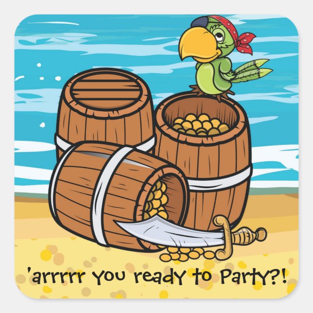 Boys Pirate Birthday Party Invite Treasure Chest Square Sticker (Front)