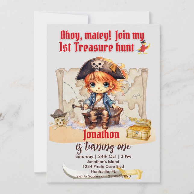 Boys Pirate Party  1st Treasure Hunt  Invitation (Front)