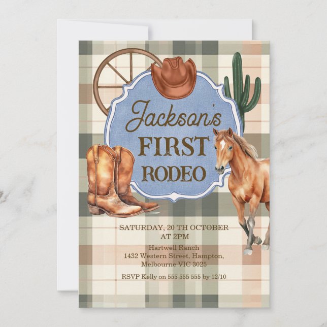 Boys Plaid Green Brown First Rodeo 1st Birthday Invitation (Front)