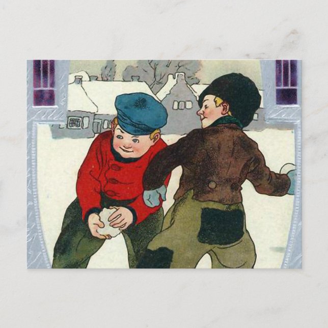 "Boys Playing Snowballs" Postcard (Front)