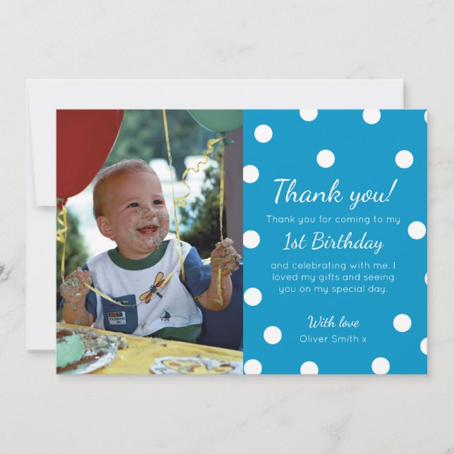 Boys polka dotted birthday thank you card (Front)