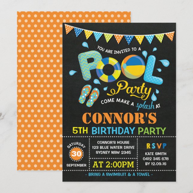 Boys Pool Party Anniversaire Chalkboard Invitation (Devant / Derrière)