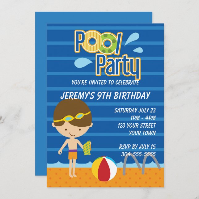 Boys Pool Party Birthday Invitation (Front/Back)