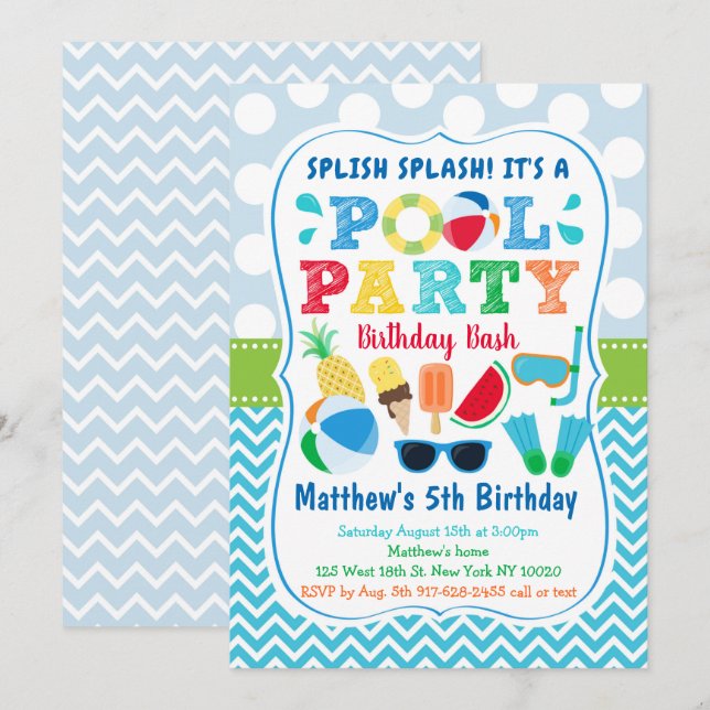 Boys Pool Party Ice Cream Birthday Invitation (Front/Back)