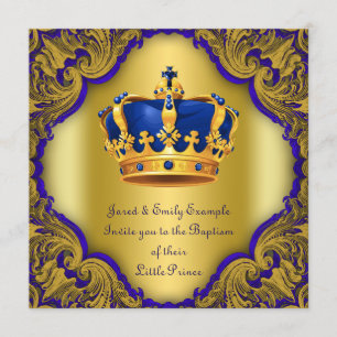 Boys Prince Baptism Royal Blue and Gold Crown Invitation