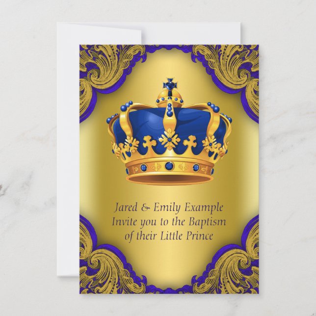 Boys Prince Baptism Royal Blue and Gold Crown Invitation (Front)