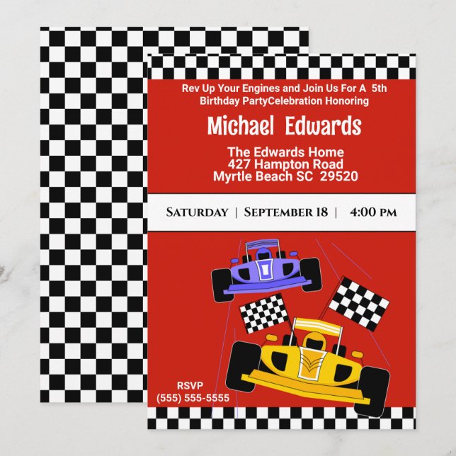 Boys Race Car Anniversaire Invitations (Devant / Derrière)