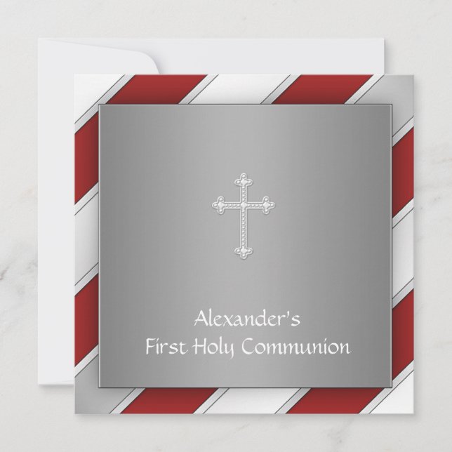 Boys Red and Silver First Communion Invitation (Front)